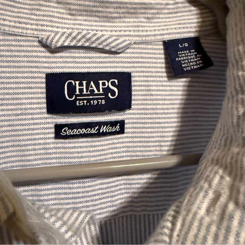 Chaps Blue/ White Seersucker Long Sleeve Button Down Shirt 100% Cotton Men Sz L